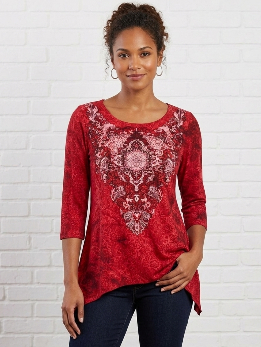 Dress Barn Red pink and black 3/4 sleeve Stretchy Top. Size Small.